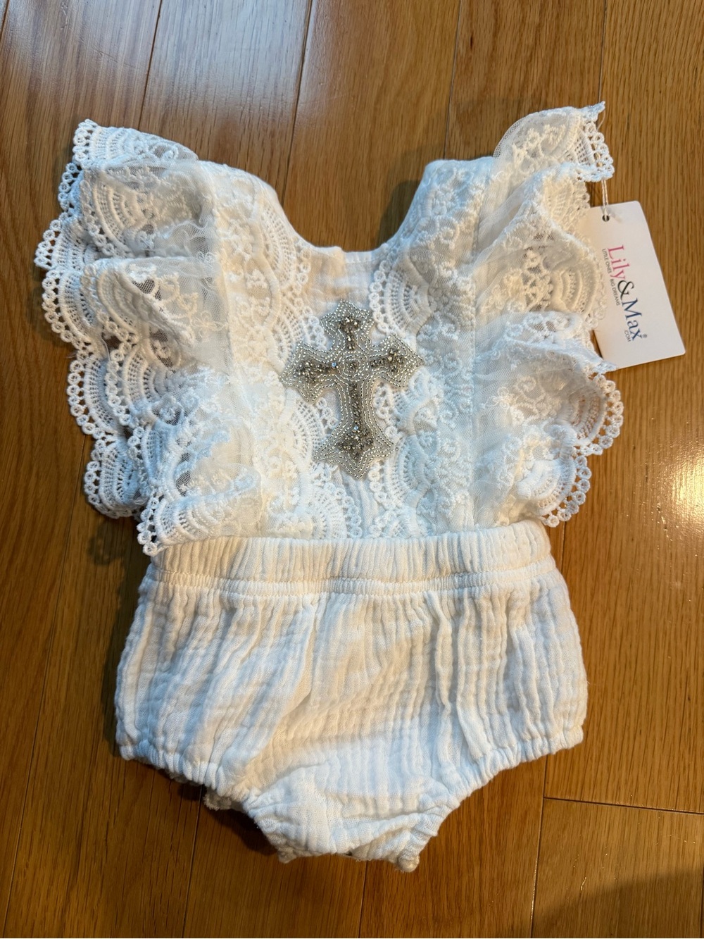 White Lace Baptism Outfit with Rhinestone Cross & intricate lace detail